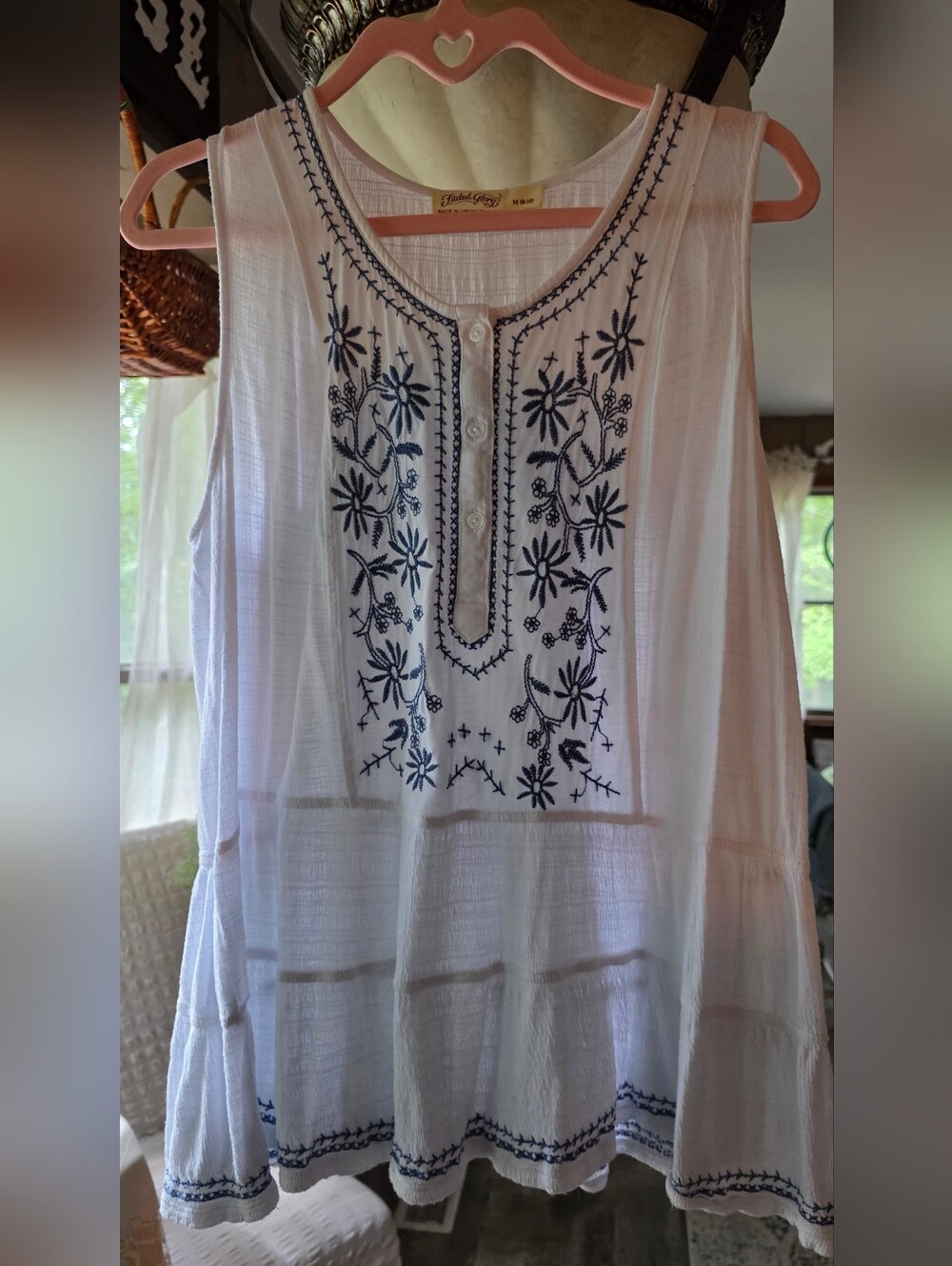 Faded Glory White Tank with Navy Floral Embroidery
